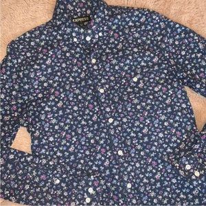 Express Men's Blue & Purple Floral-Print Button-Down Shirt Size: Small